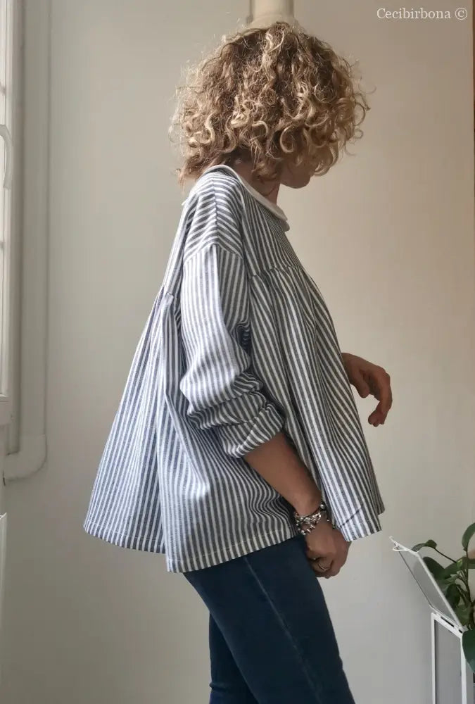 Camicia da donna in lino e cotone a righe blu e bianco con colletto tondo - camicia boho camicia donna