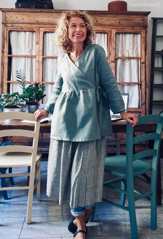 Camicia donna incrociata in lino verde salvia - tunica boho midi camicia donna