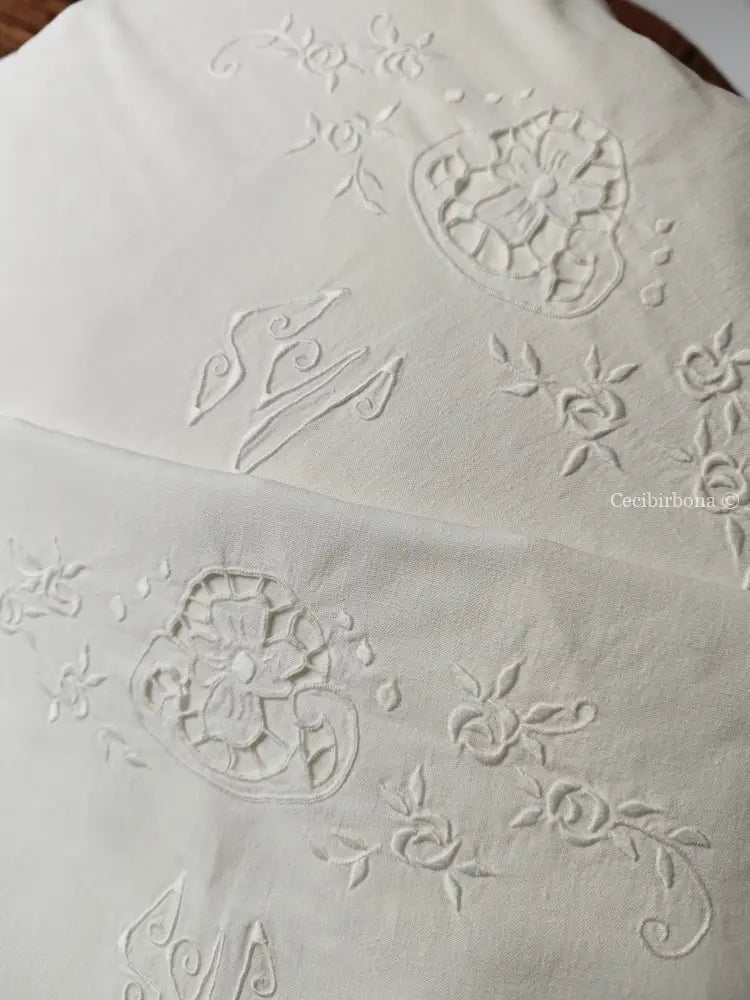 Coppia di federe antiche con ricami e monogramma SN biancheria antica per la casa