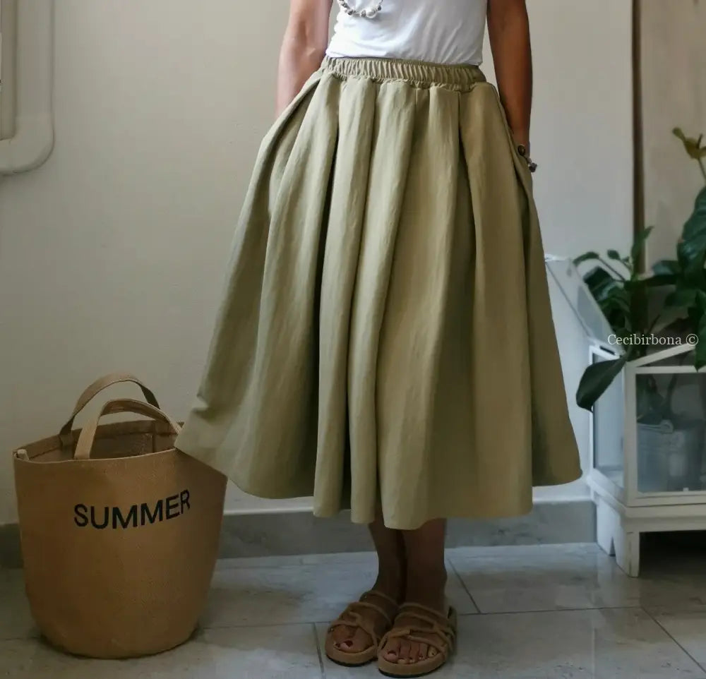 Gonna a pieghe in cotone beige con cinturino elastico gonna donna