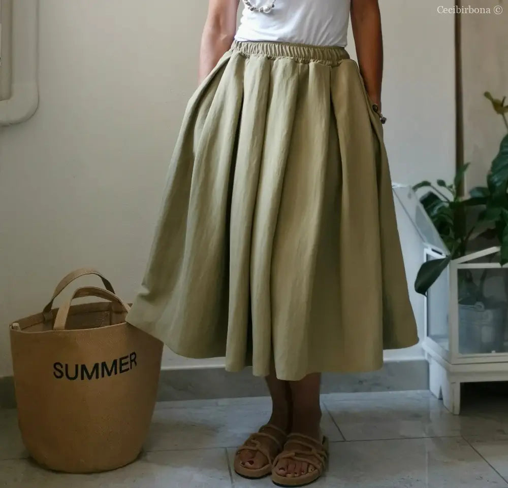 Gonna a pieghe in cotone beige con cinturino elastico gonna donna