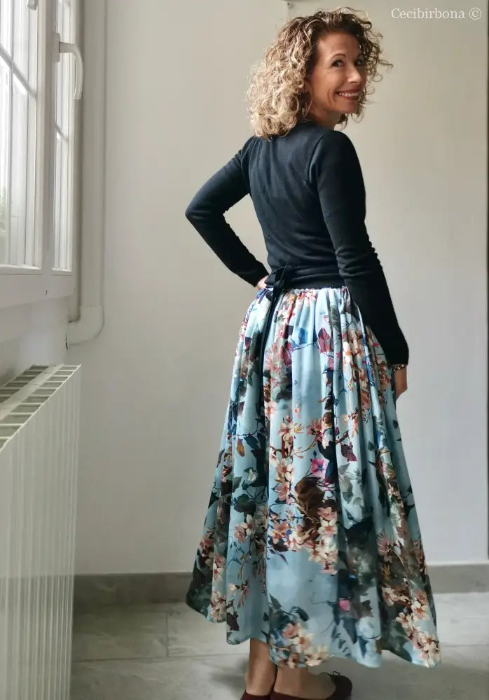 Gonna lunga in viscosa celeste a fiori (Ref. 105) gonna donna