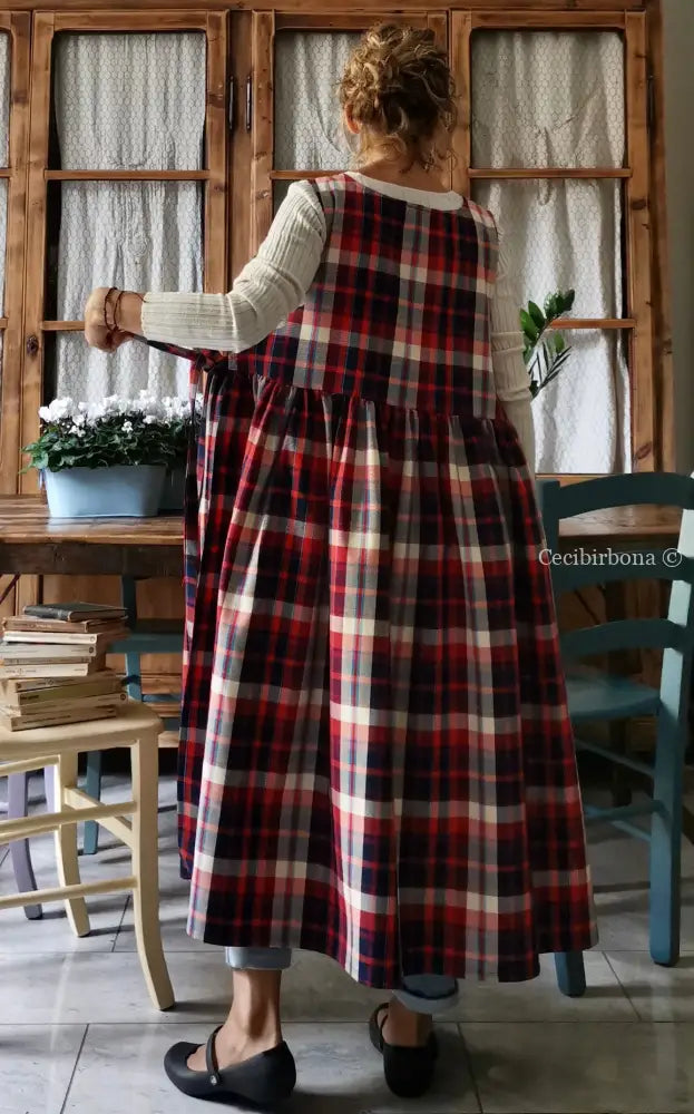 Grembiule da cucina per donna in cotone tartan rosso e blu (Ref. 69) Lunghezza grembiule 99 cm (lunghezza corpino 33
