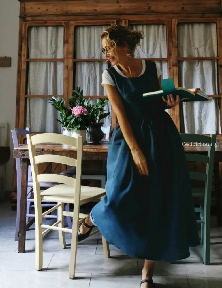 Grembiule da donna in lino blu azzurro (Rif. 64) grembiule donna tessuti moderni