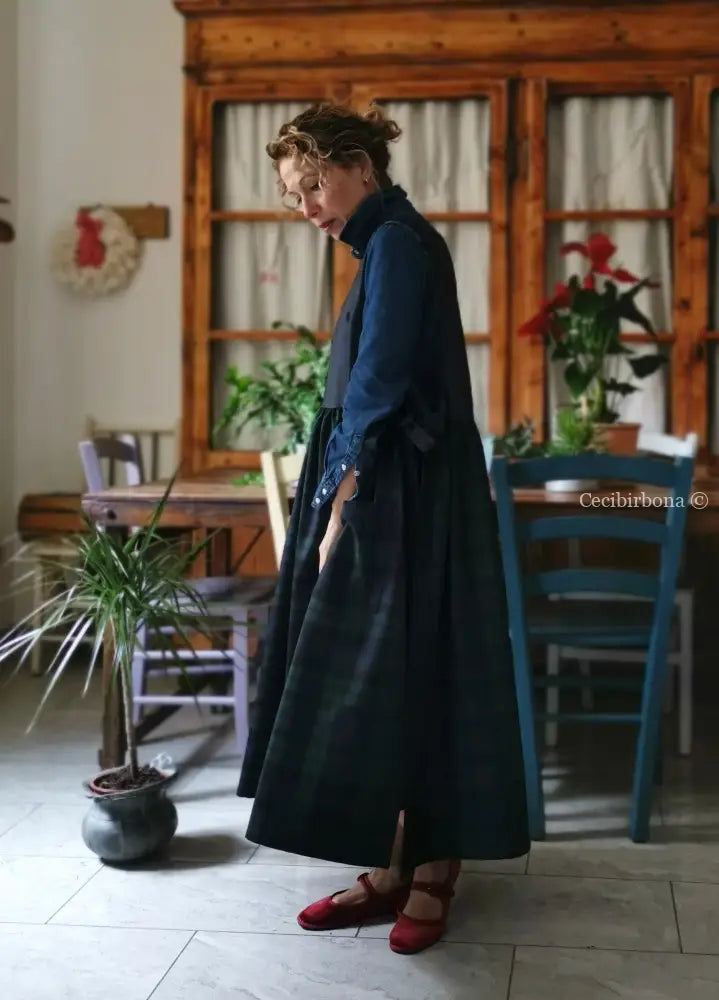 Grembiule in denim di lana e tartan blu e verde (Ref. 468) grembiule donna tessuti moderni