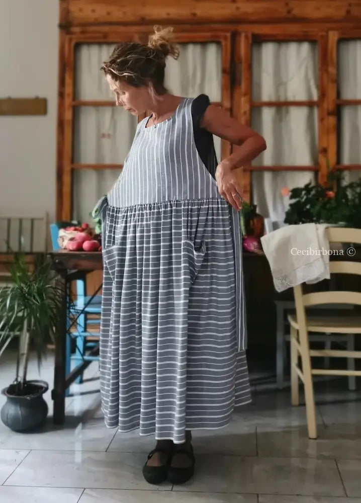 Grembiule in lino rigato blu (Ref. 517) - grembiule donna tessuti moderni
