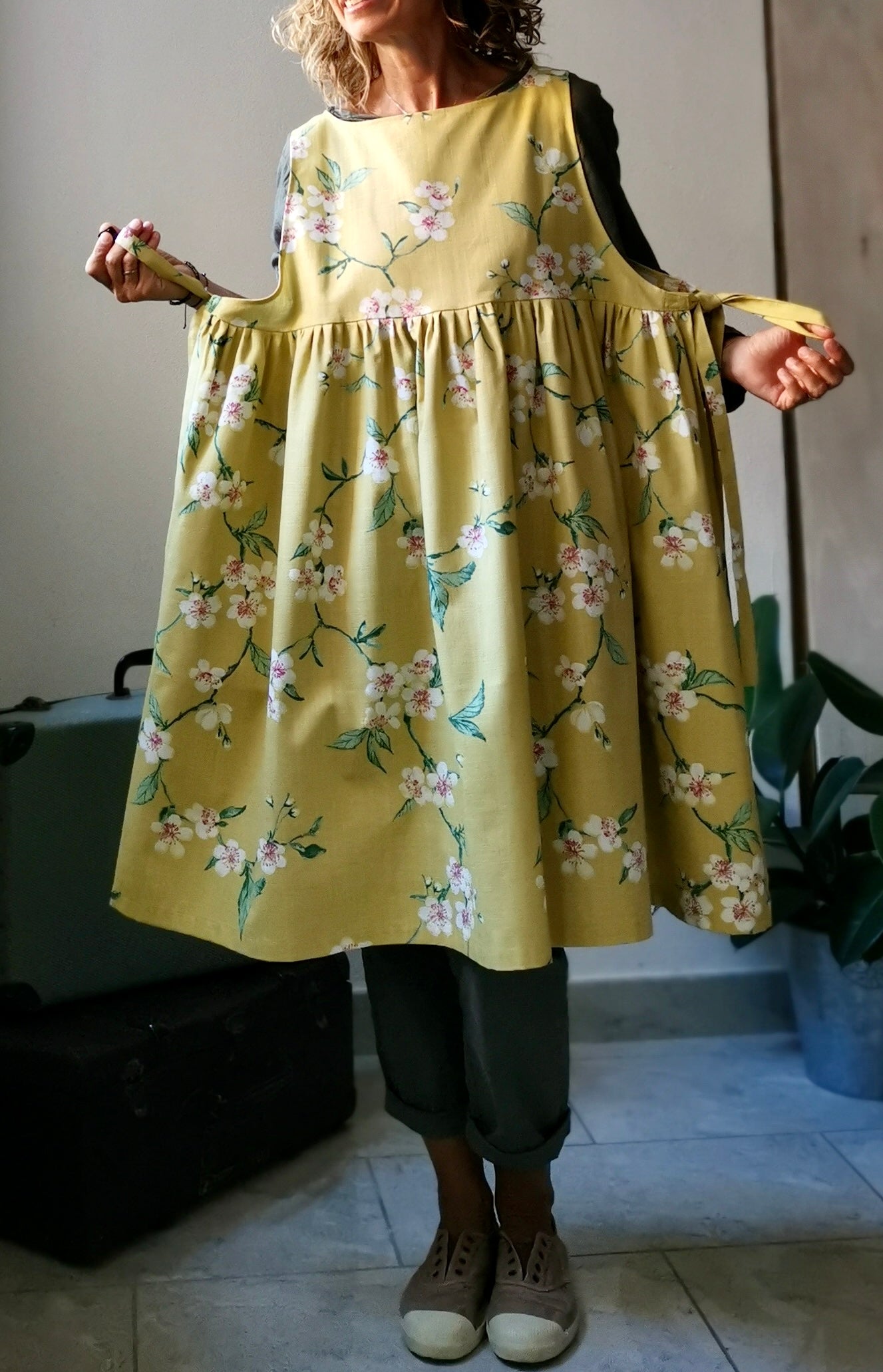 Reserved for Sienna Mustard and Ash Blue Japanese Cherry Blossom Aprons