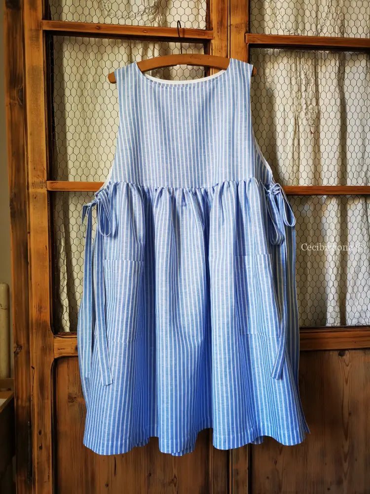 Riservato per Valentina Grembiule da cucina in lino a righe celeste e bianco grembiule donna tessuti moderni
