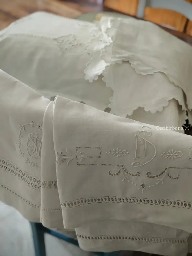 Telo da bagno in lino antico con monogramma NS e sfilature Asciugamano in lino antico