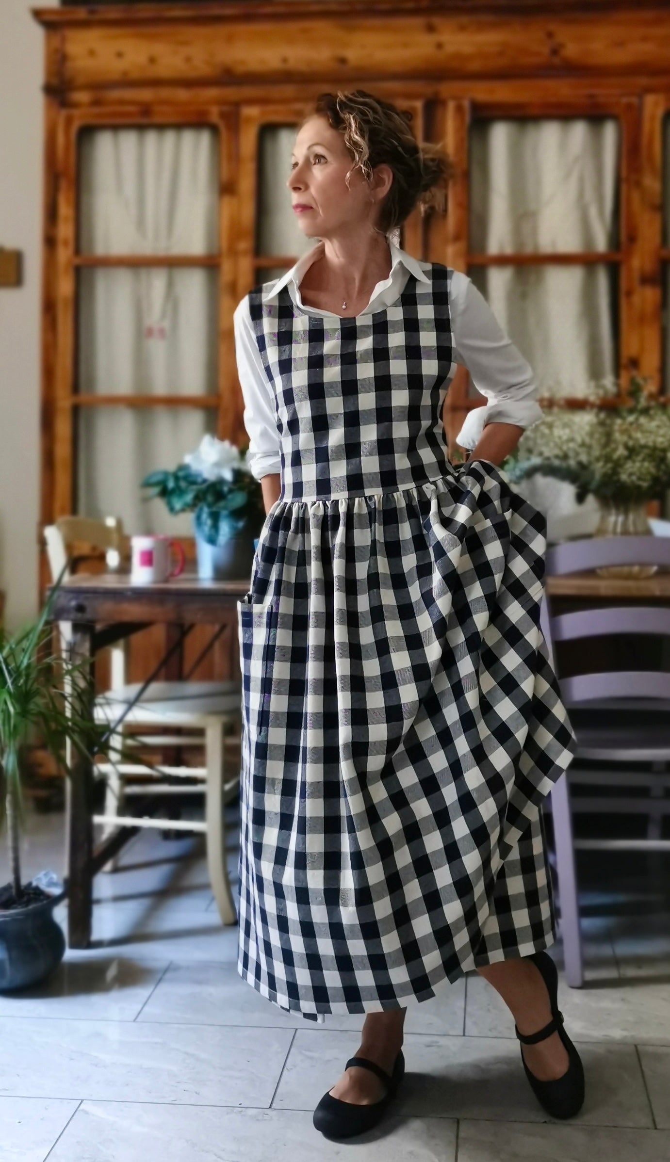 Grembiule in cotone a quadri blu e panna (Ref. 488)