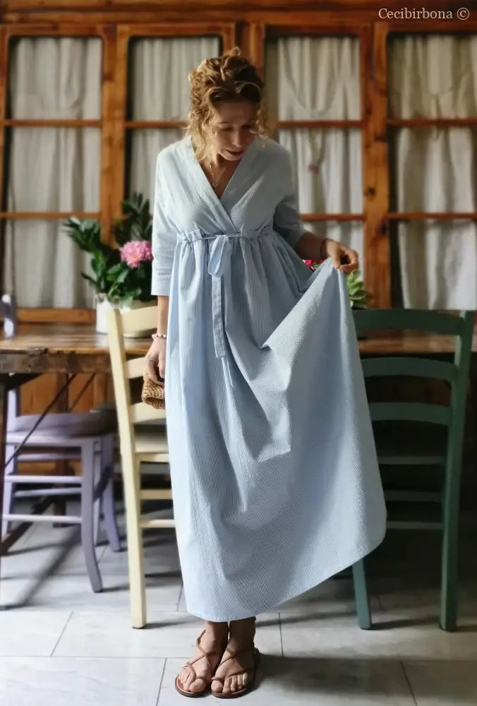 Abito estivo con maniche in cotone a righe celesti taglia 40 (Ref. 109) abito donna