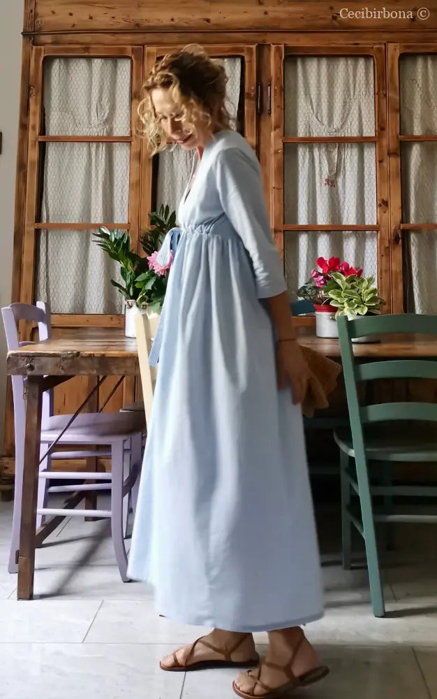 Abito estivo con maniche in cotone a righe celesti taglia 40 (Ref. 109) abito donna