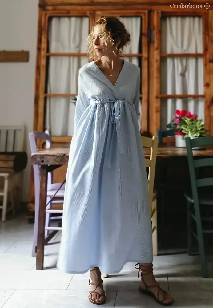 Abito estivo con maniche in cotone a righe celesti taglia 40 (Ref. 109) abito donna