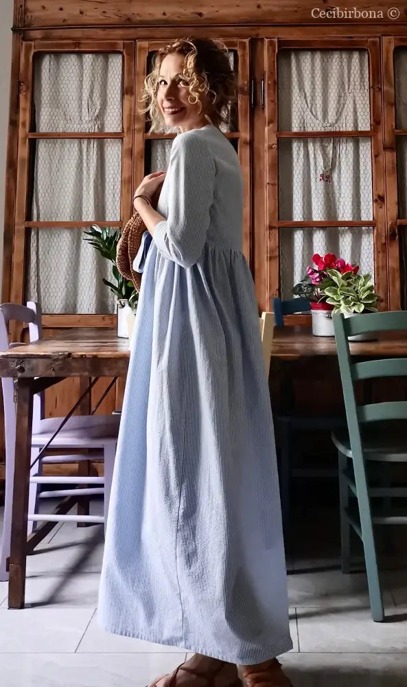 Abito estivo con maniche in cotone a righe celesti taglia 40 (Ref. 109) abito donna