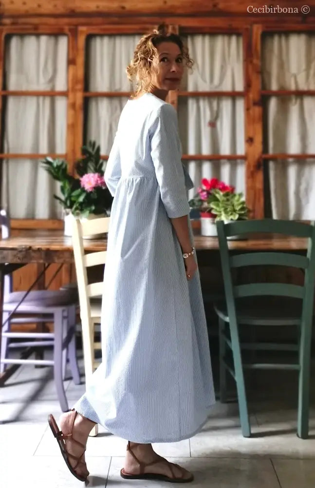 Abito estivo con maniche in cotone a righe celesti taglia 40 (Ref. 109) abito donna