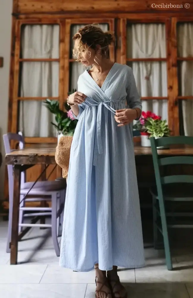 Abito estivo con maniche in cotone a righe celesti taglia 40 (Ref. 109) abito donna