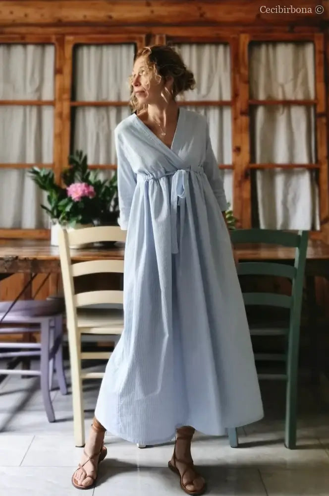 Abito estivo con maniche in cotone a righe celesti taglia 40 (Ref. 109) abito donna