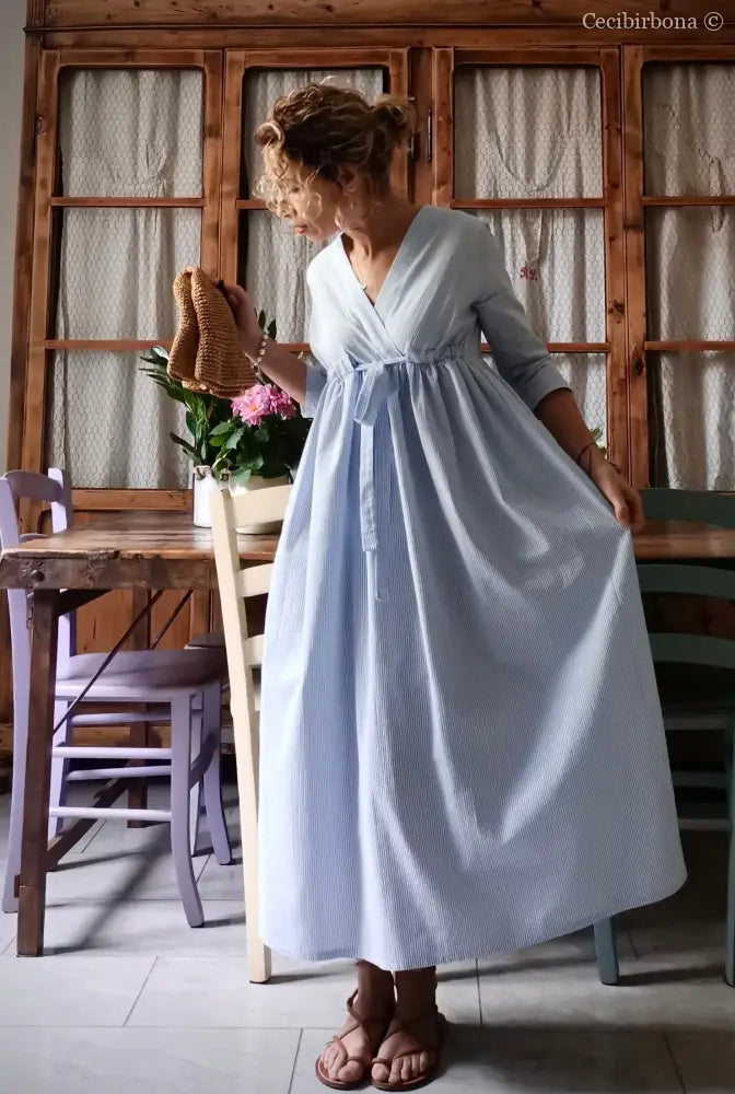 Abito estivo con maniche in cotone a righe celesti taglia 40 (Ref. 109) abito donna