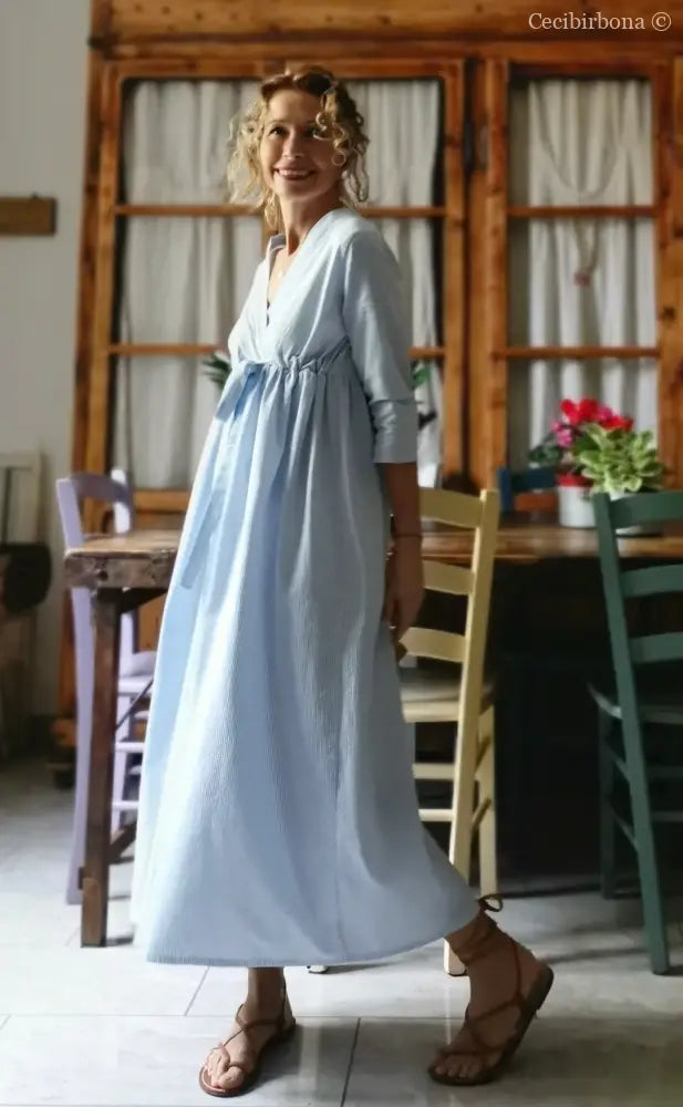 Abito estivo con maniche in cotone a righe celesti taglia 40 (Ref. 109) abito donna