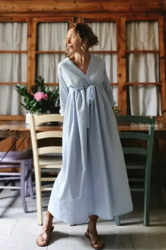 Abito estivo con maniche in cotone a righe celesti taglia 40 (Ref. 109) abito donna