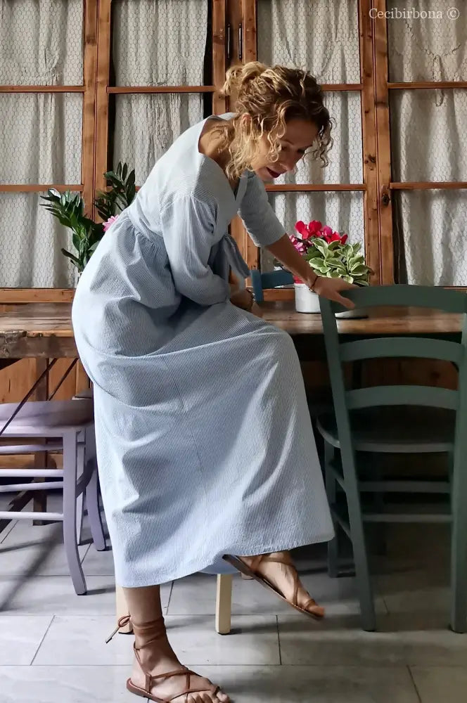 Abito estivo con maniche in cotone a righe celesti taglia 40 (Ref. 109) abito donna