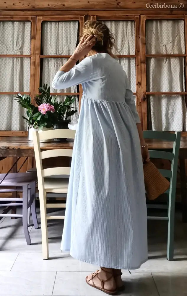 Abito estivo con maniche in cotone a righe celesti taglia 40 (Ref. 109) abito donna