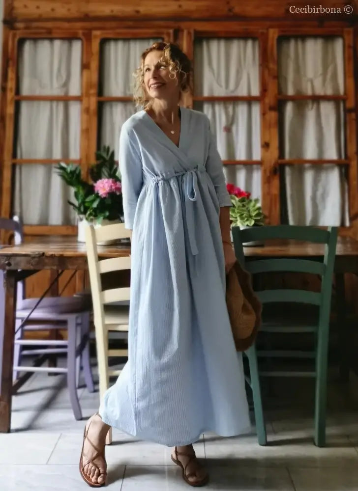 Abito estivo con maniche in cotone a righe celesti taglia 40 (Ref. 109) abito donna