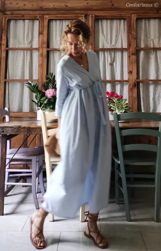 Abito estivo con maniche in cotone a righe celesti taglia 40 (Ref. 109) abito donna