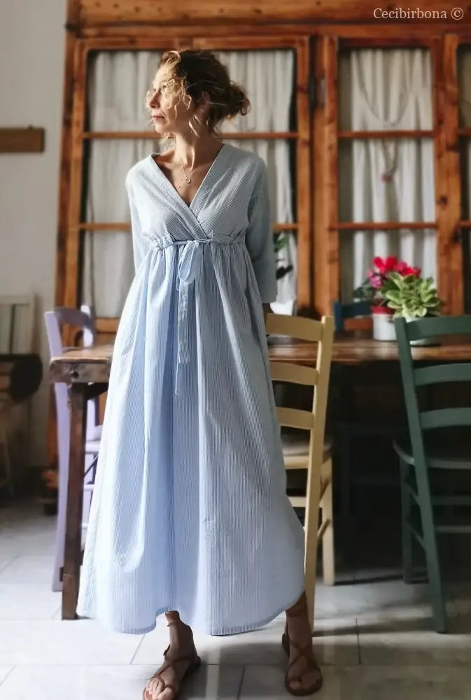 Abito estivo con maniche in cotone a righe celesti taglia 40 (Ref. 109) abito donna