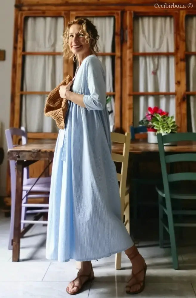 Abito estivo con maniche in cotone a righe celesti taglia 40 (Ref. 109) abito donna