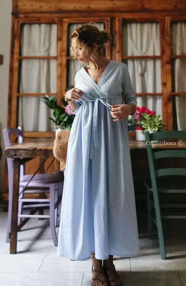 Abito estivo con maniche in cotone a righe celesti taglia 40 (Ref. 109) abito donna