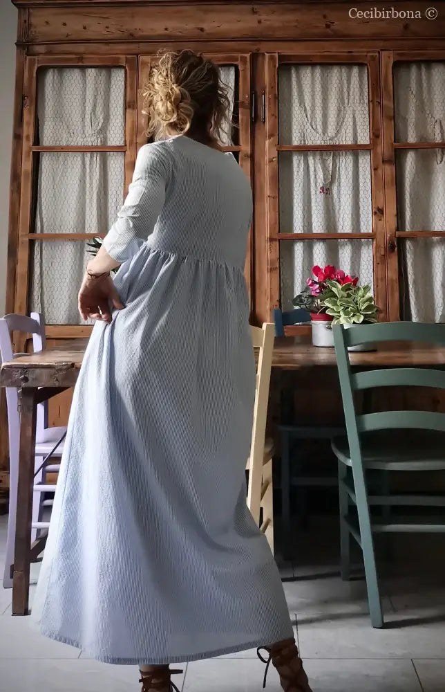 Abito estivo con maniche in cotone a righe celesti taglia 40 (Ref. 109) abito donna