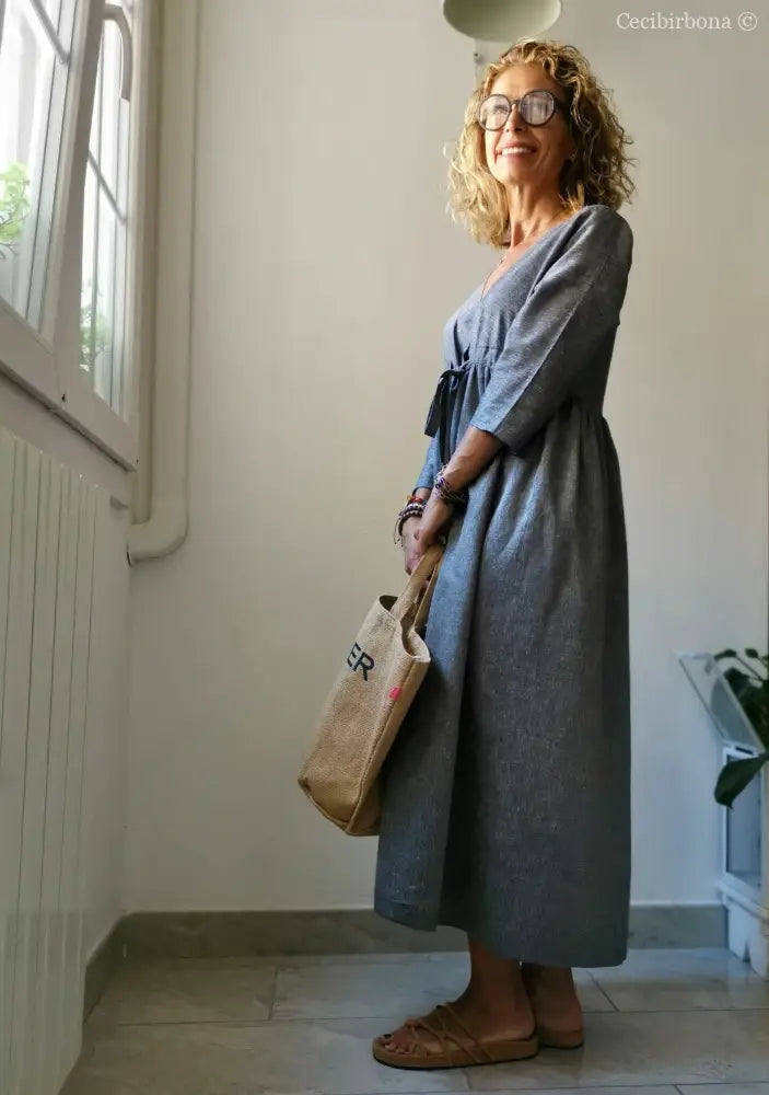 Abito estivo con maniche in lino grigio abito donna