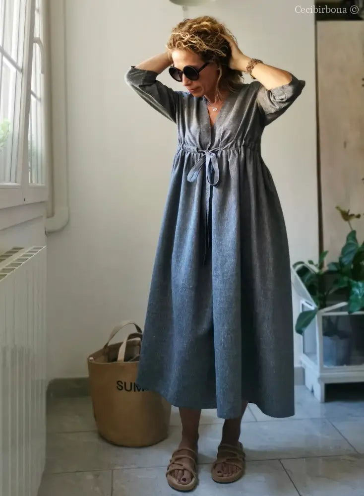 Abito estivo con maniche in lino grigio abito donna