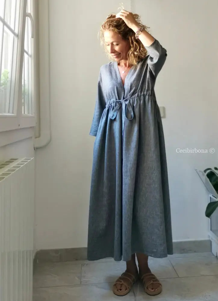 Abito estivo con maniche in lino grigio abito donna