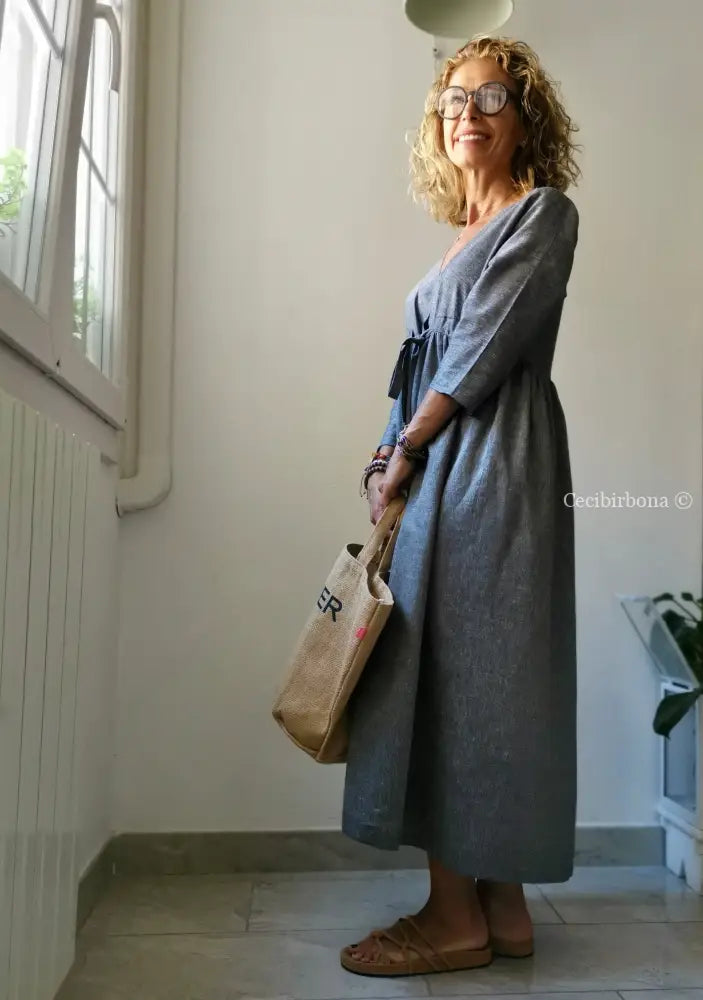 Abito estivo con maniche in lino grigio abito donna