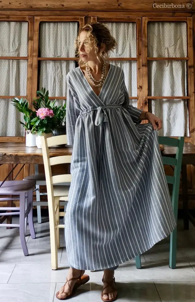 Abito estivo con maniche in lino grigio rigato (Ref. 110) abito donna