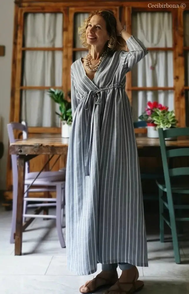 Abito estivo con maniche in lino grigio rigato (Ref. 110) abito donna