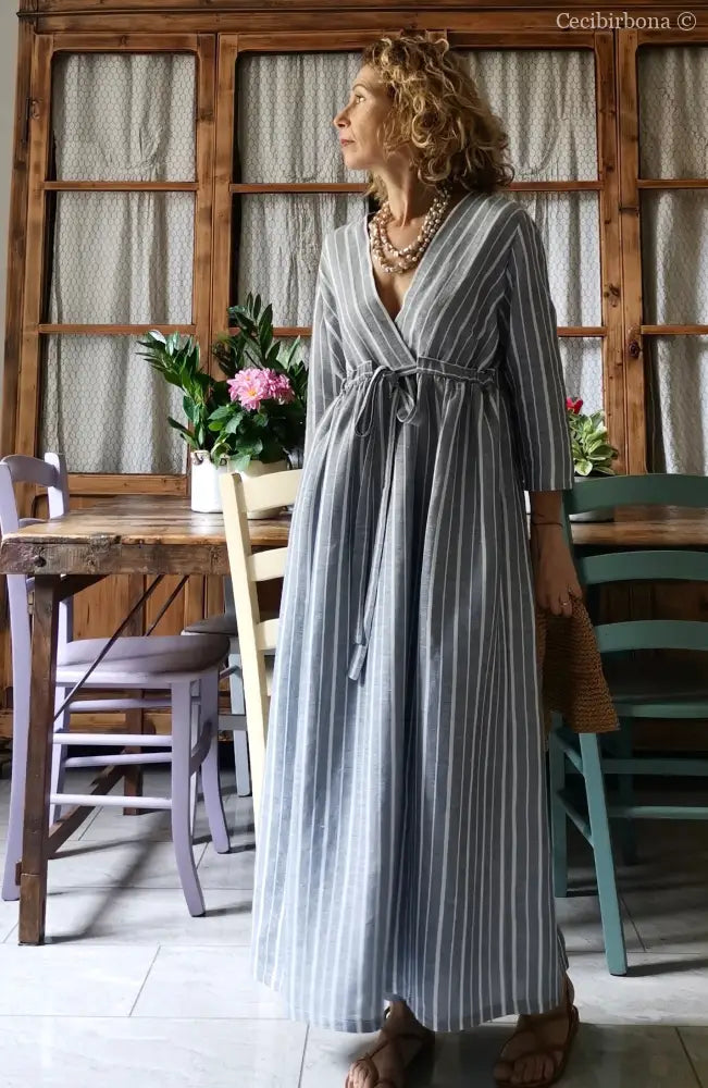 Abito estivo con maniche in lino grigio rigato (Ref. 110) abito donna
