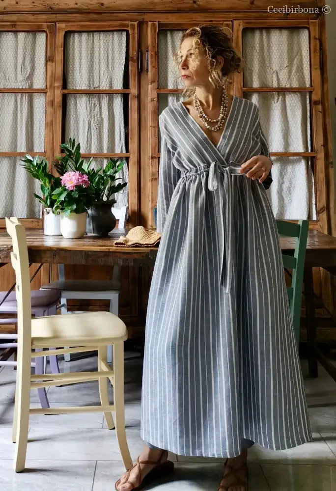 Abito estivo con maniche in lino grigio rigato (Ref. 110) abito donna