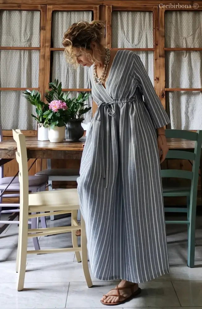 Abito estivo con maniche in lino grigio rigato (Ref. 110) abito donna