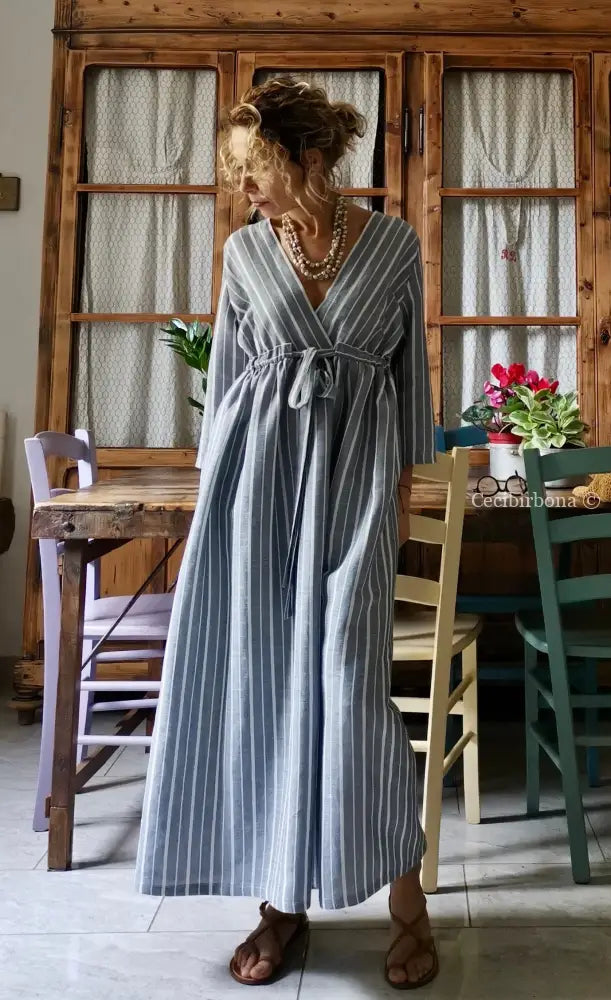 Abito estivo con maniche in lino grigio rigato (Ref. 110) abito donna