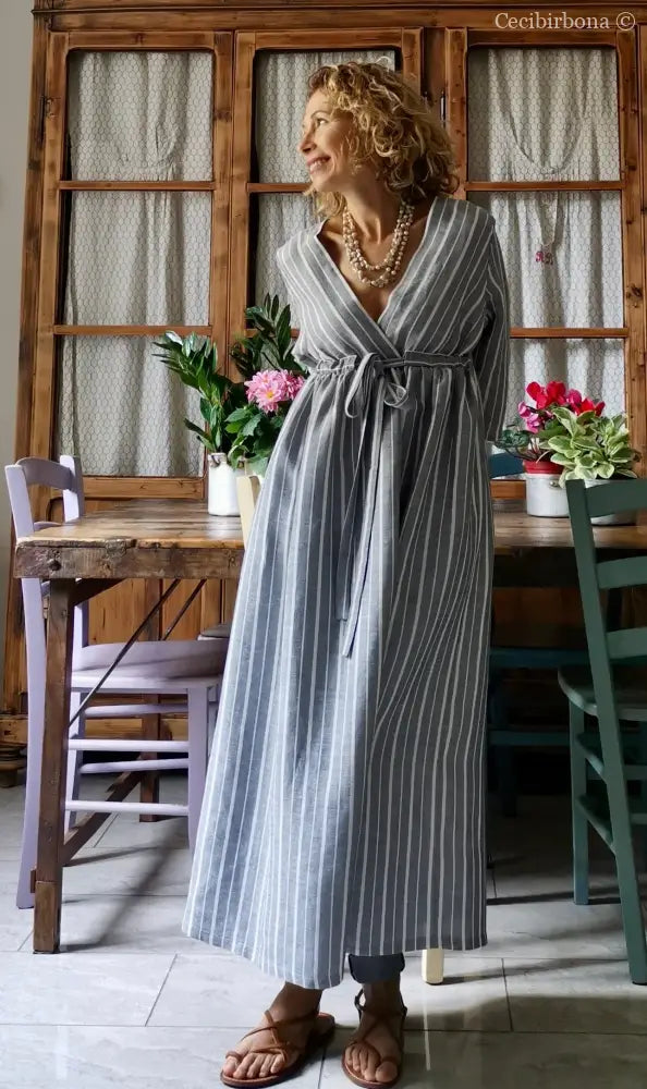 Abito estivo con maniche in lino grigio rigato (Ref. 110) abito donna