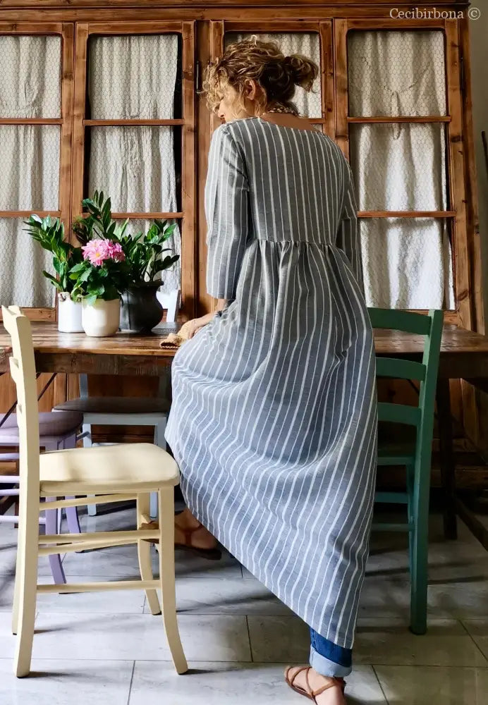 Abito estivo con maniche in lino grigio rigato (Ref. 110) abito donna