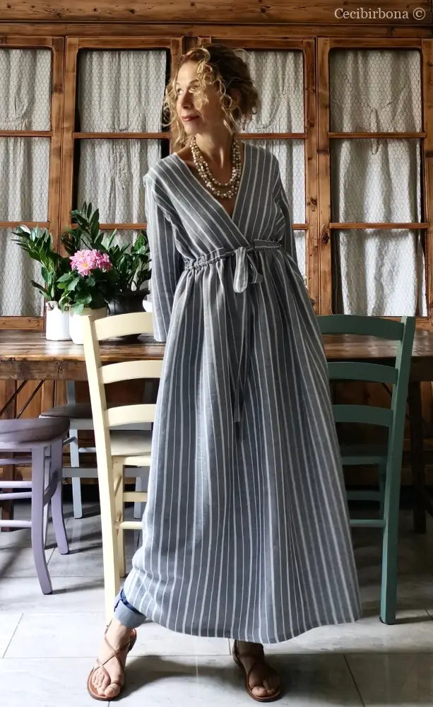 Abito estivo con maniche in lino grigio rigato (Ref. 110) abito donna