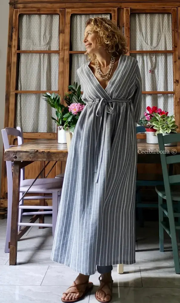 Abito estivo con maniche in lino grigio rigato (Ref. 110) abito donna