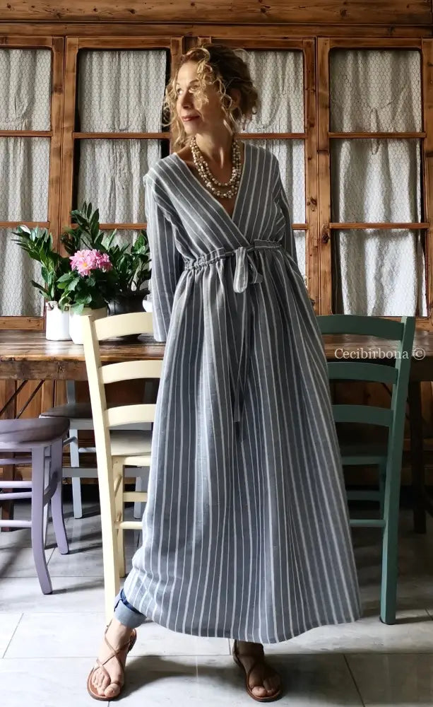 Abito estivo con maniche in lino grigio rigato (Ref. 110) abito donna