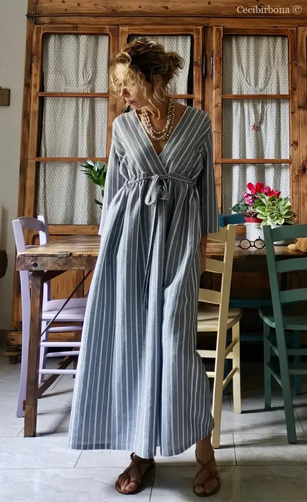 Abito estivo con maniche in lino grigio rigato (Ref. 110) abito donna