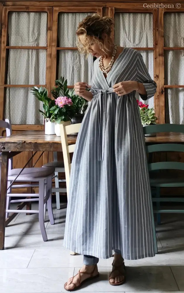 Abito estivo con maniche in lino grigio rigato (Ref. 110) abito donna