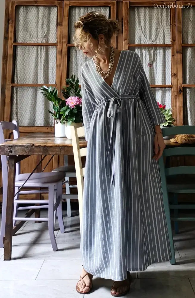 Abito estivo con maniche in lino grigio rigato (Ref. 110) abito donna